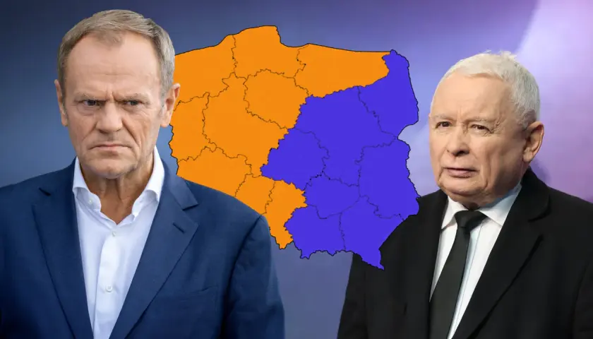 Donald Tusk i Jarosław Kaczyński na tle mapy Polski. Czy koalicja 15 października planuje wspólny start w wyborach lokalnych?