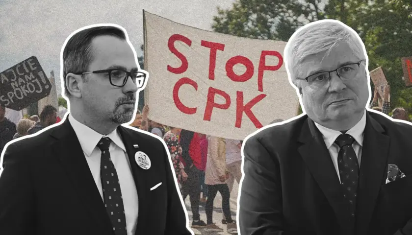 Dwóch mężczyzn w garniturach na tle transparentu "STOP CPK". Tło sugeruje kulisy afery z działką pod budowę CPK sprzedaną tuż przed oddaniem władzy.