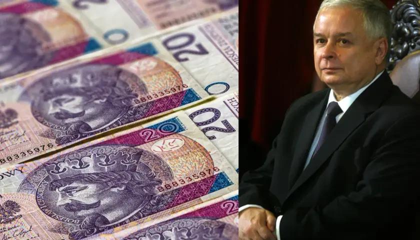 Polskie banknoty 20 zł i portret Jarosława Kaczyńskiego.