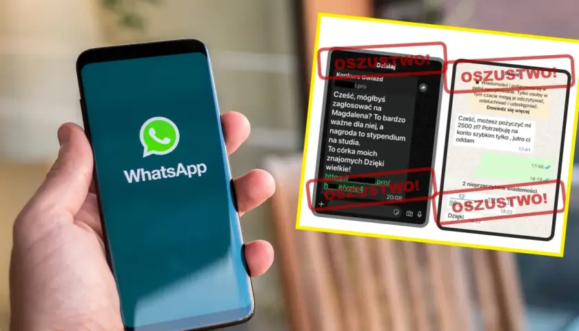 Czy nowe przepisy o bezpieczeństwie sieciowym pozwolą na inwigilację komunikatorów? Na ekranie telefonu WhatsApp widać oszustwo - prośba o głosowanie i pożyczkę.