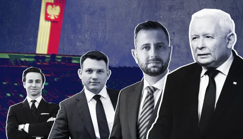Czy Konfederacja faktycznie zamierza stworzyć koalicję z PiS po wyborach? Politycy na tle Sejmu i flagi Polski.
