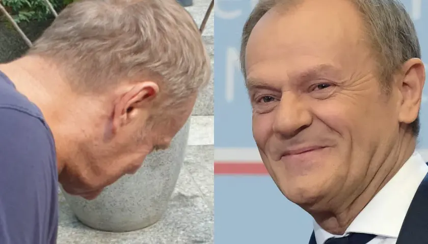 Dwa ujęcia Donalda Tuska. Na jednym widać jego profil, na drugim uśmiechniętą twarz. Kolor włosów jest jasny, lekko siwiejący.
