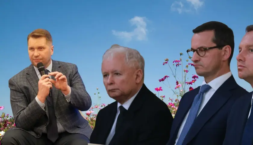 Przemysław Czarnek, Jarosław Kaczyński i Mateusz Morawiecki na tle kwiecistej łąki. Czy to właśnie Czarnek budzi emocje wewnątrz ugrupowania?