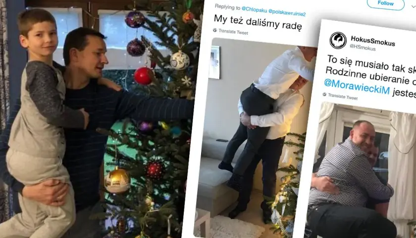 Rodzinne święta i tajemnica majątku syna Mateusza Morawieckiego. Dwa zdjęcia pokazują mężczyzn z dziećmi przy choince, jedno z nich to tweet o darowiznach.