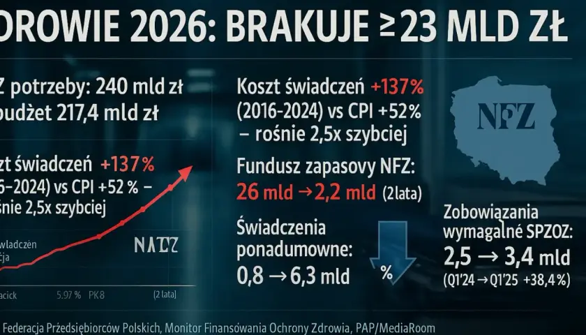 Budżet zdrowia 2026: brakuje 23 mld zł. PiS oskarża rząd o oszczędzanie na pacjentach, bo koszty świadczeń rosną 2,5x szybciej niż inflacja.