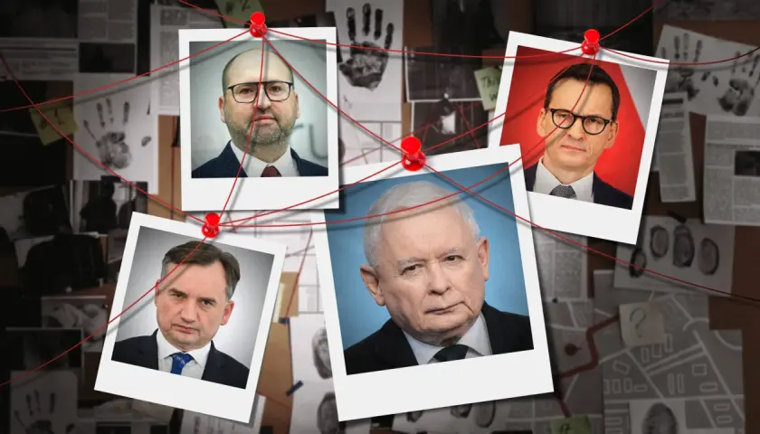 Śledztwo w sprawie: czy posłowie PiS będą musieli oddać pieniądze za prywatne loty służbowe? Na tablicy dowodowej zdjęcia polityków i tropy.