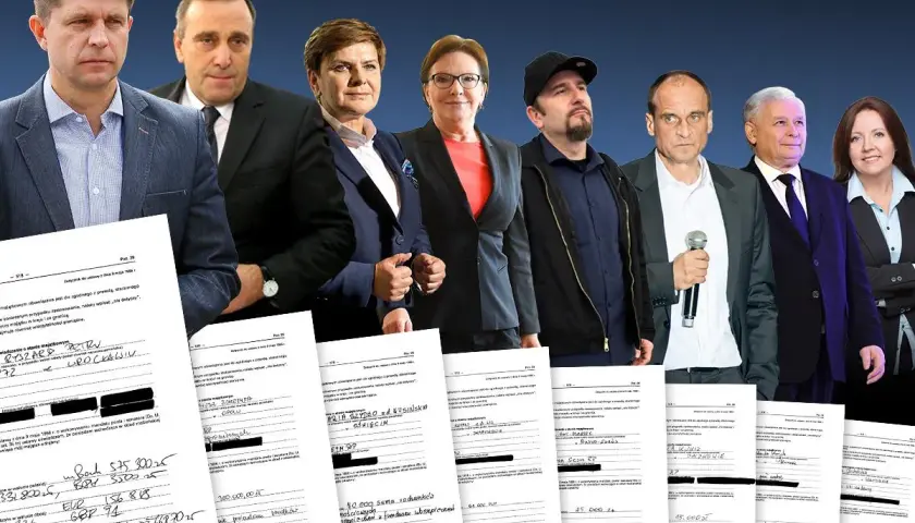 Grupa polityków na tle dokumentów finansowych.