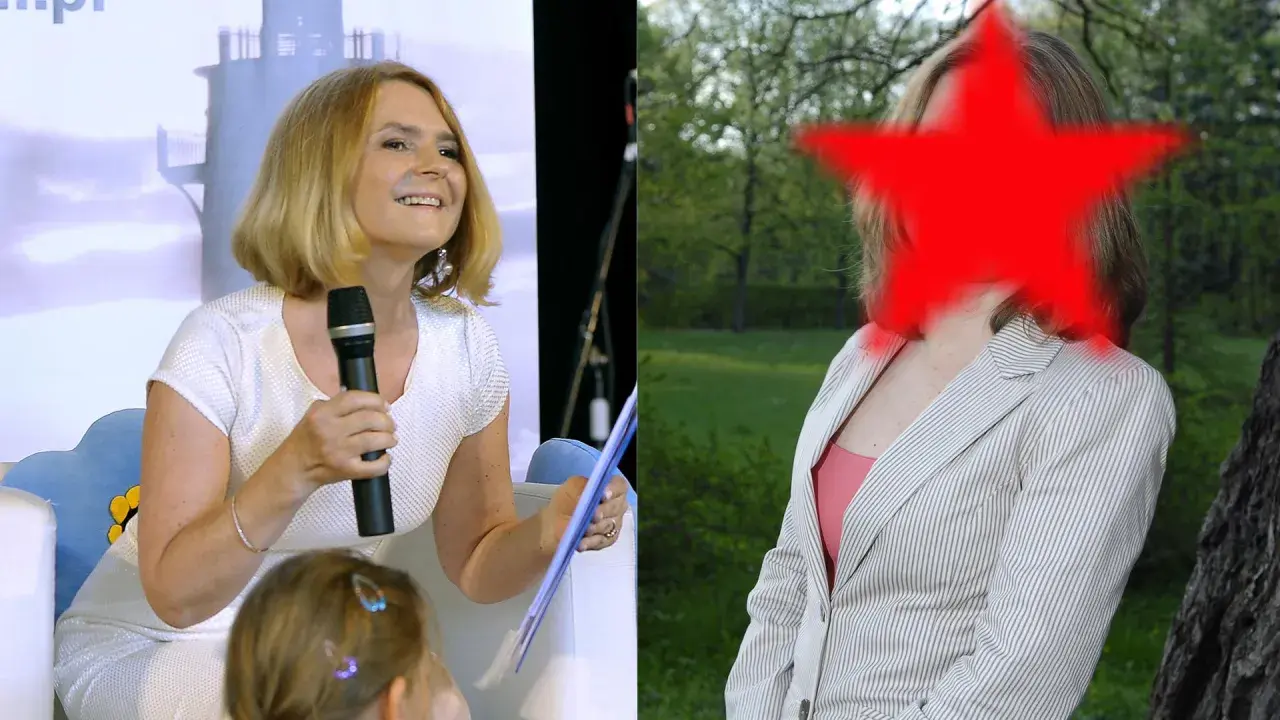 Dwie kobiety, jedna z mikrofonem, druga z czerwoną gwiazdą na twarzy.