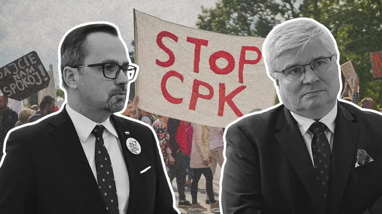 Dwóch mężczyzn w garniturach na tle transparentu "STOP CPK". Tło sugeruje kulisy afery z działką pod budowę CPK sprzedaną tuż przed oddaniem władzy.