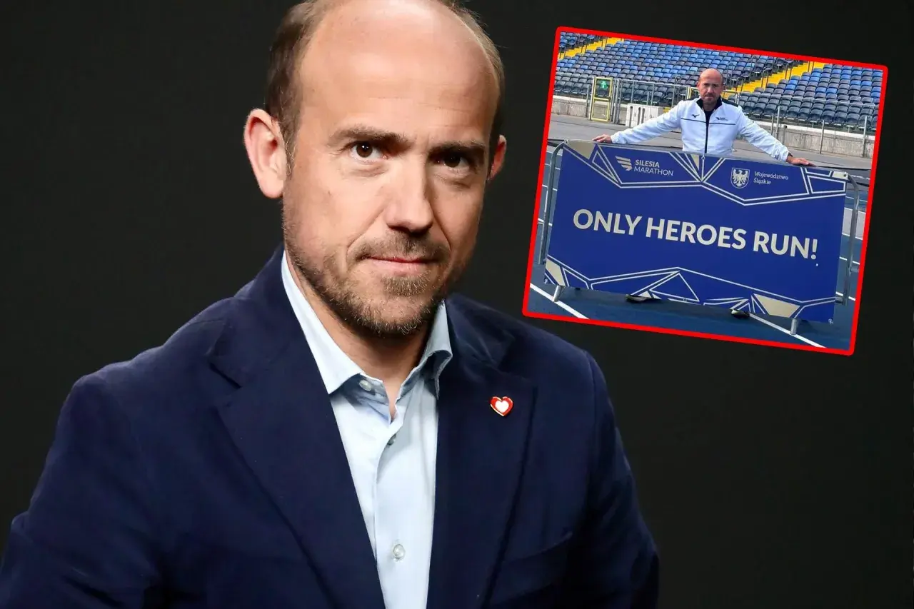 Borys Budka na tle stadionu, z napisem "Only Heroes Run!". Czy wróci do pierwszej linii polityki KO w drugiej połowie 2026 roku?