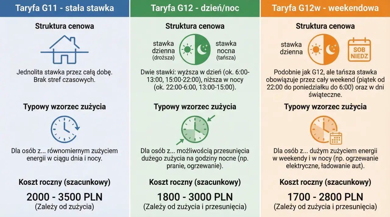 Porównanie taryf energii: G11 (stała), G12 (dzień/noc), G12w (weekendowa). Ukryte koszty transformacji energetycznej w nowych ustawach o odnawialnych źródłach mogą wpłynąć na te ceny.