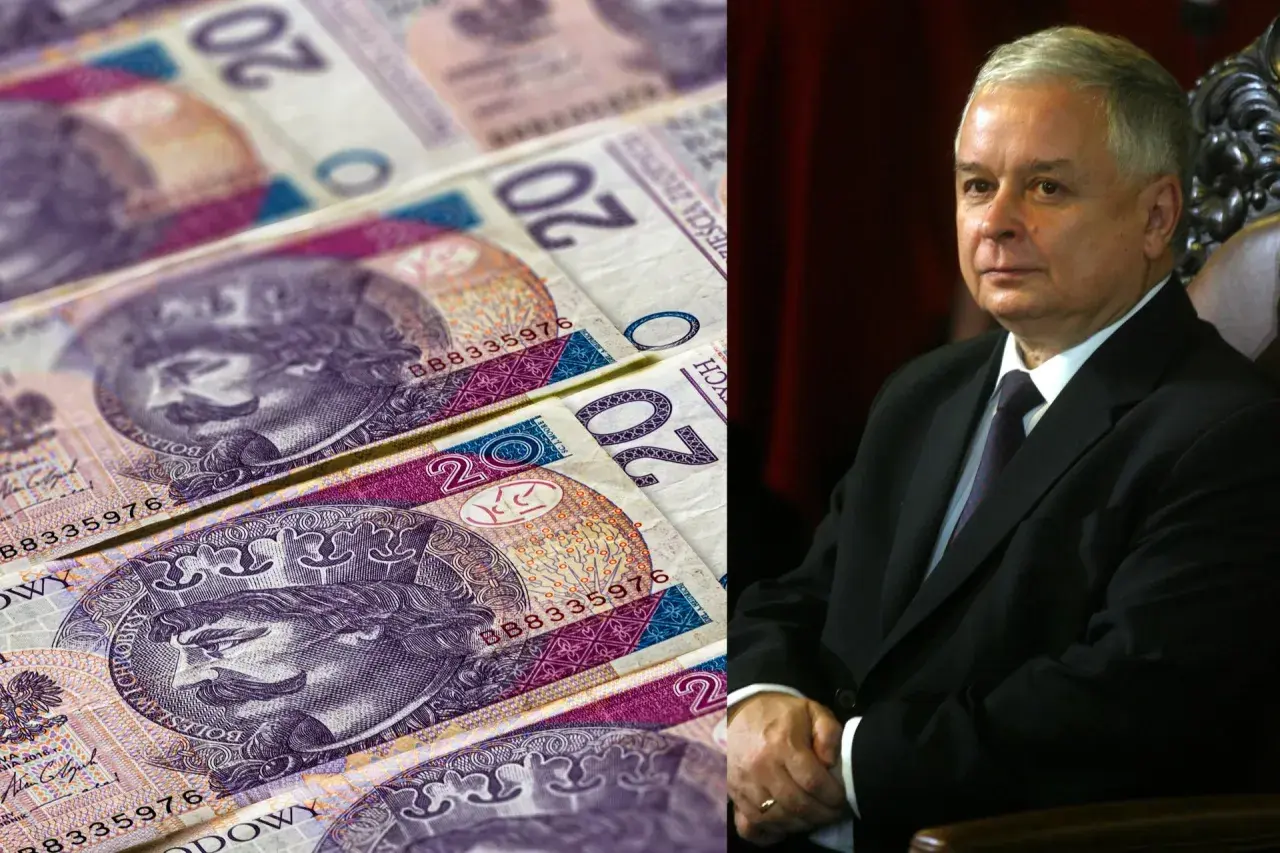 Polskie banknoty 20 zł i portret Jarosława Kaczyńskiego.