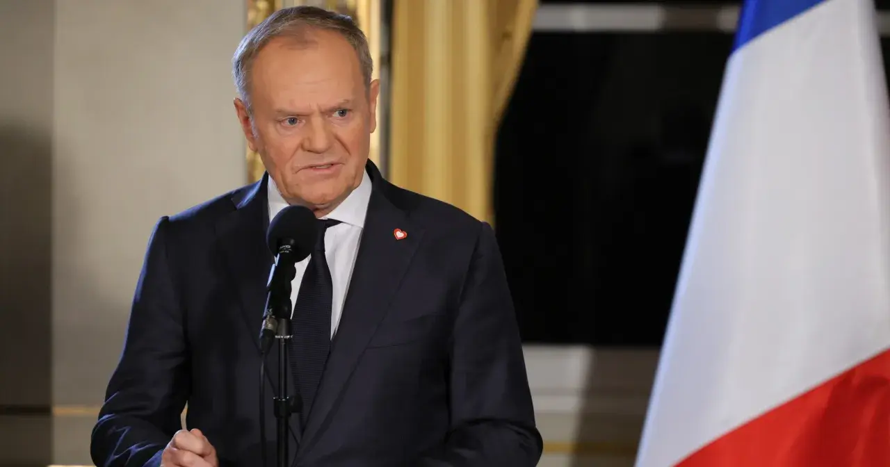 Donald Tusk w garniturze przemawia przy mikrofonie, obok polska flaga.