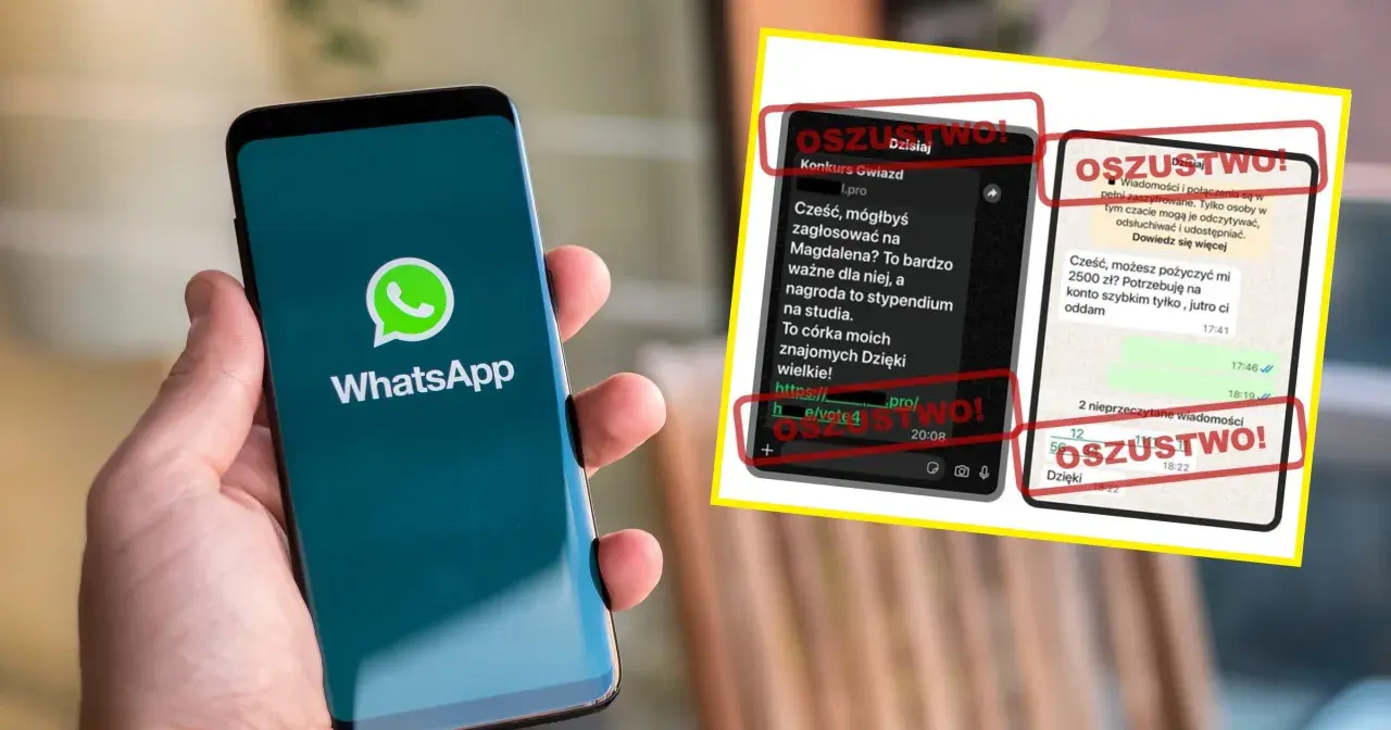 Czy nowe przepisy o bezpieczeństwie sieciowym pozwolą na inwigilację komunikatorów? Na ekranie telefonu WhatsApp widać oszustwo - prośba o głosowanie i pożyczkę.