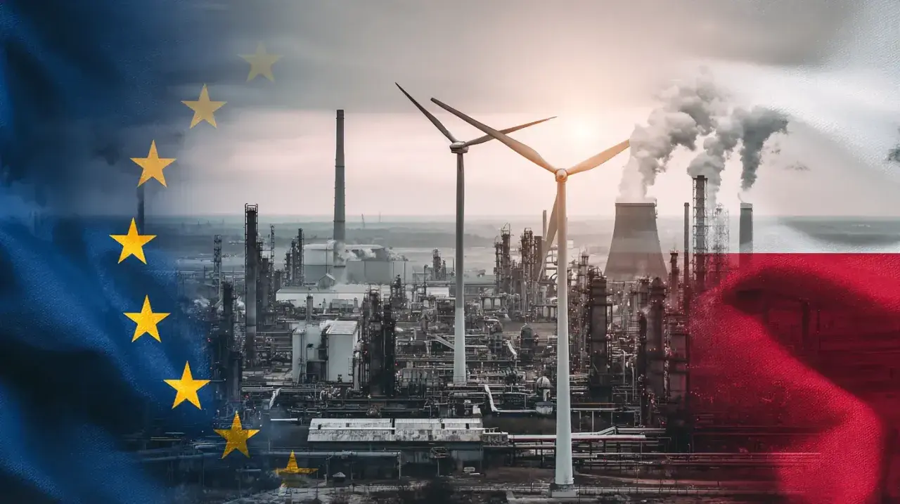 Prawda o nowym podatku węglowym CBAM od 2026: przemysł, wiatraki i flagi UE i Polski.