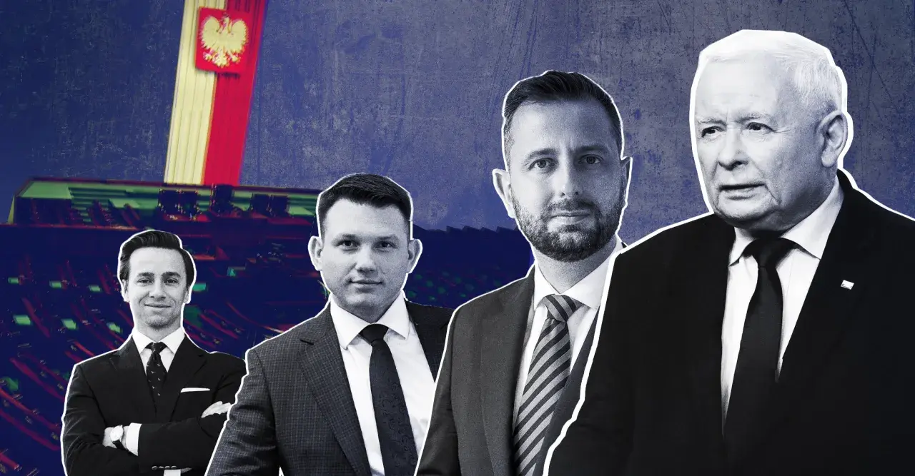 Czy Konfederacja faktycznie zamierza stworzyć koalicję z PiS po wyborach? Politycy na tle Sejmu i flagi Polski.