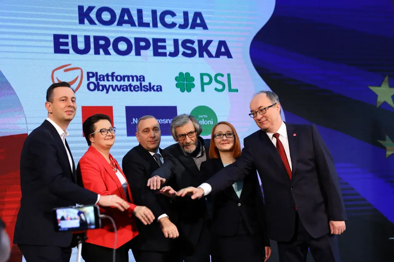 Politycy Koalicji Europejskiej na tle ekranu z logo partii i flagą UE.