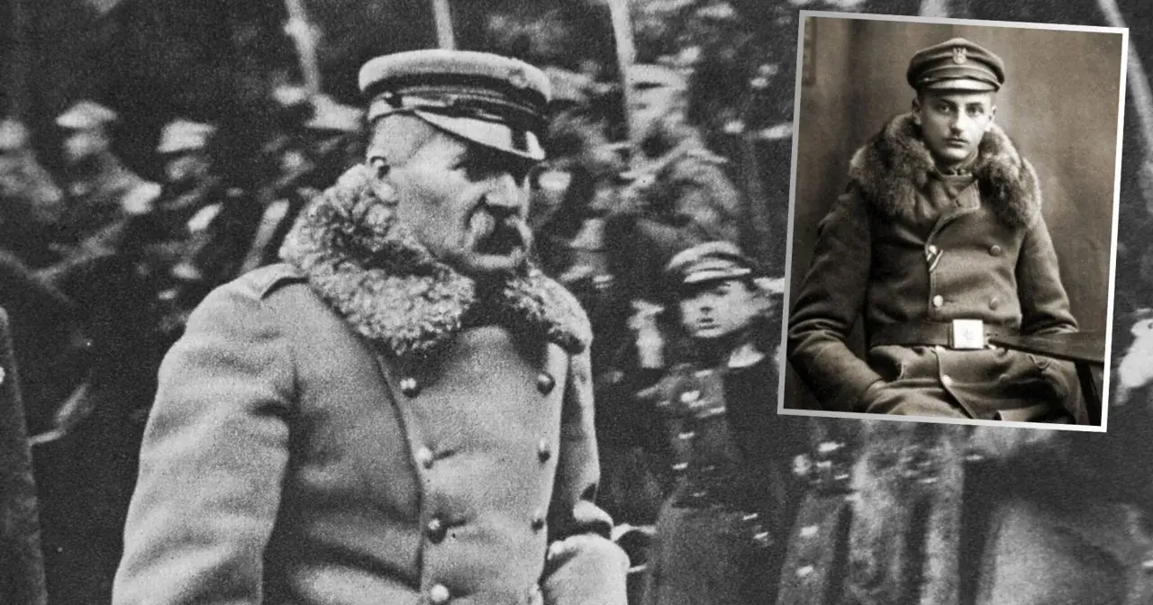Dwaj mężczyźni w mundurach wojskowych, jeden z wąsami, drugi siedzący.