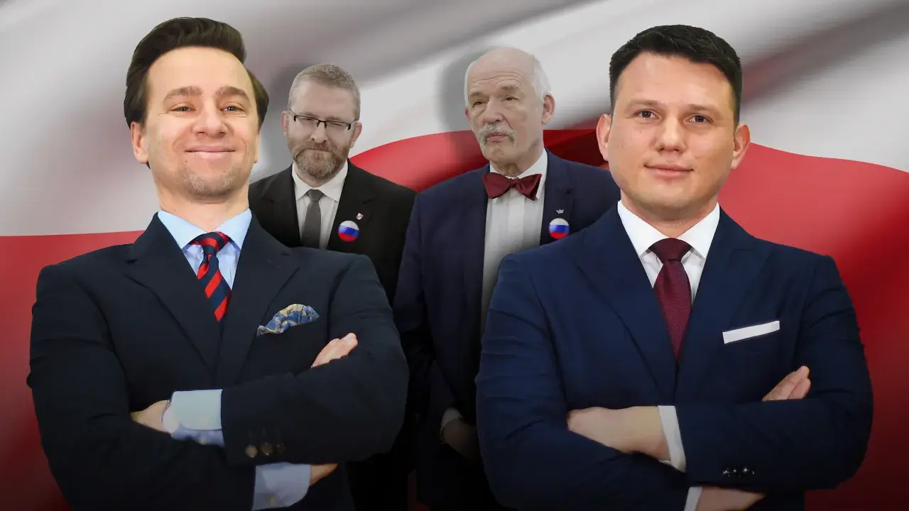 Konfederacja: prawdziwe powody dla których sprzeciwia się unijnemu systemowi kaucyjnemu. Politycy w garniturach na tle flagi Polski.