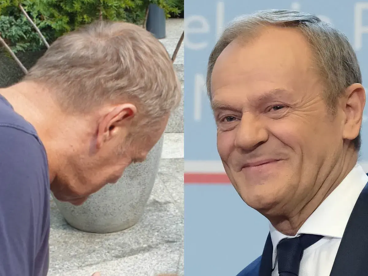 Dwa ujęcia Donalda Tuska. Na jednym widać jego profil, na drugim uśmiechniętą twarz. Kolor włosów jest jasny, lekko siwiejący.
