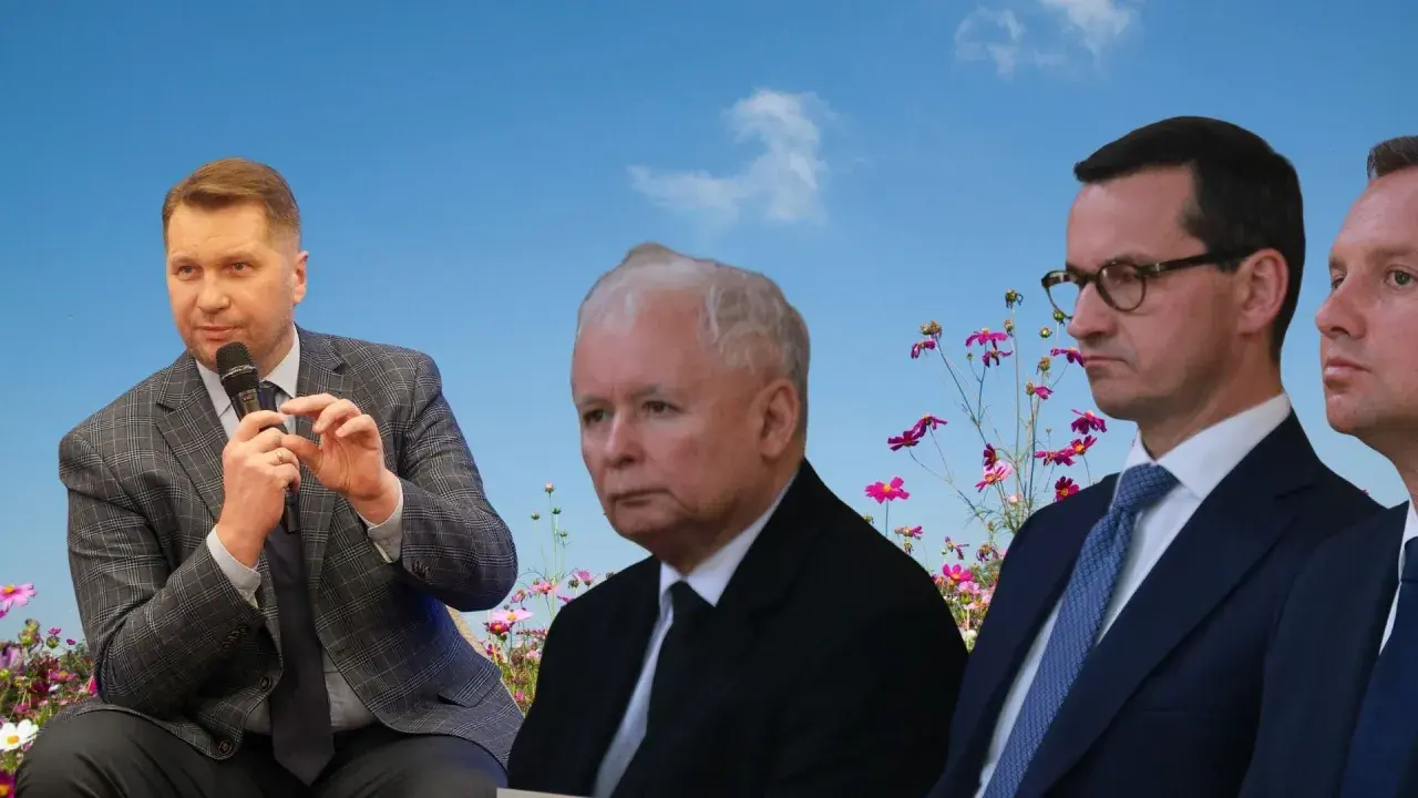 Przemysław Czarnek, Jarosław Kaczyński i Mateusz Morawiecki na tle kwiecistej łąki. Czy to właśnie Czarnek budzi emocje wewnątrz ugrupowania?