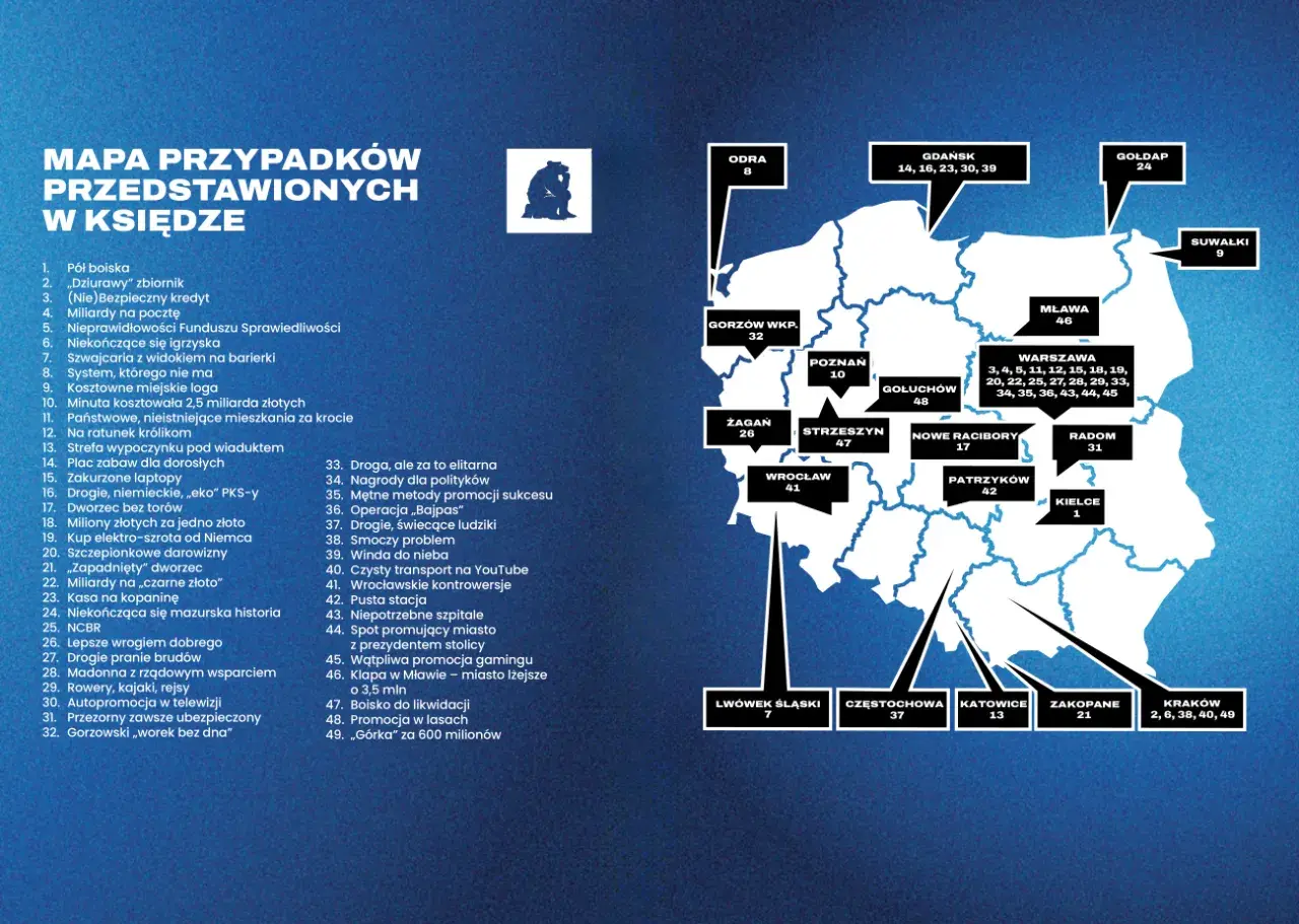 Mapa przypadków przedstawionych w księdze z zaznaczonymi miastami i numerami.