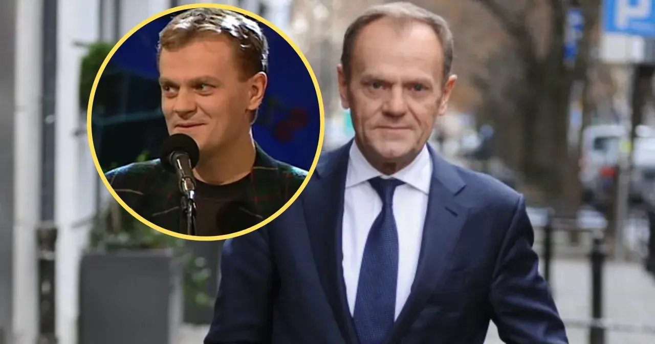 Młody Tusk z szansą na sukces, obok dojrzały polityk w garniturze.