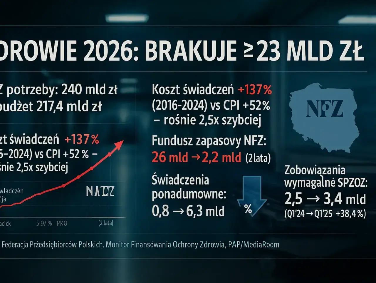 Budżet zdrowia 2026: brakuje 23 mld zł. PiS oskarża rząd o oszczędzanie na pacjentach, bo koszty świadczeń rosną 2,5x szybciej niż inflacja.