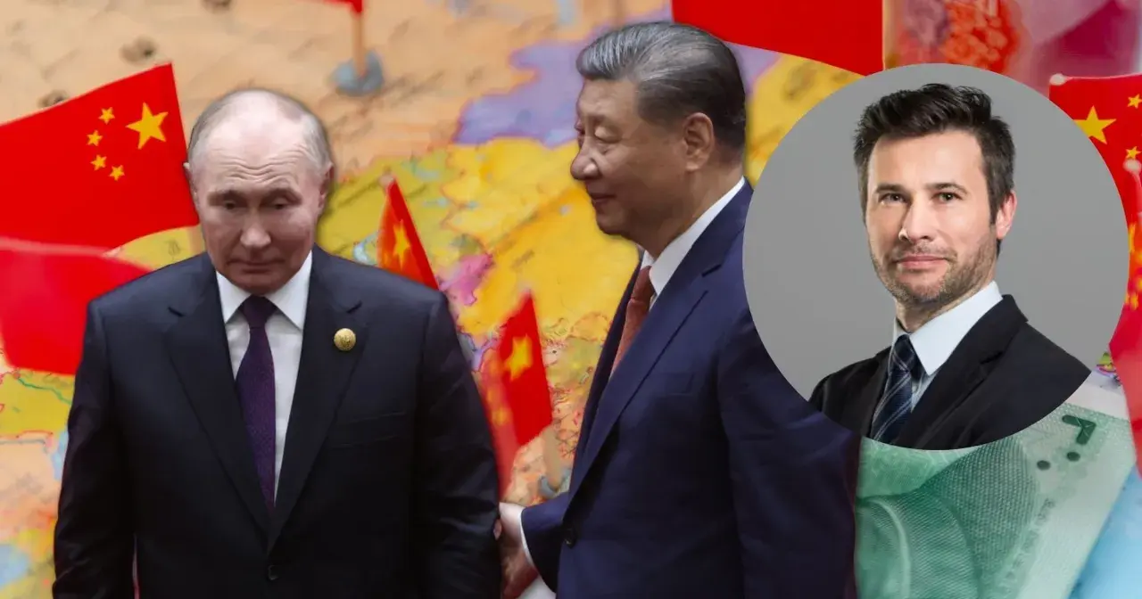 Krzysztof Bosak pyta, dlaczego debata o Chinach i Indiach jest ważniejsza niż o UE. Na tle mapy i flag Chin Putin i Xi Jinping.
