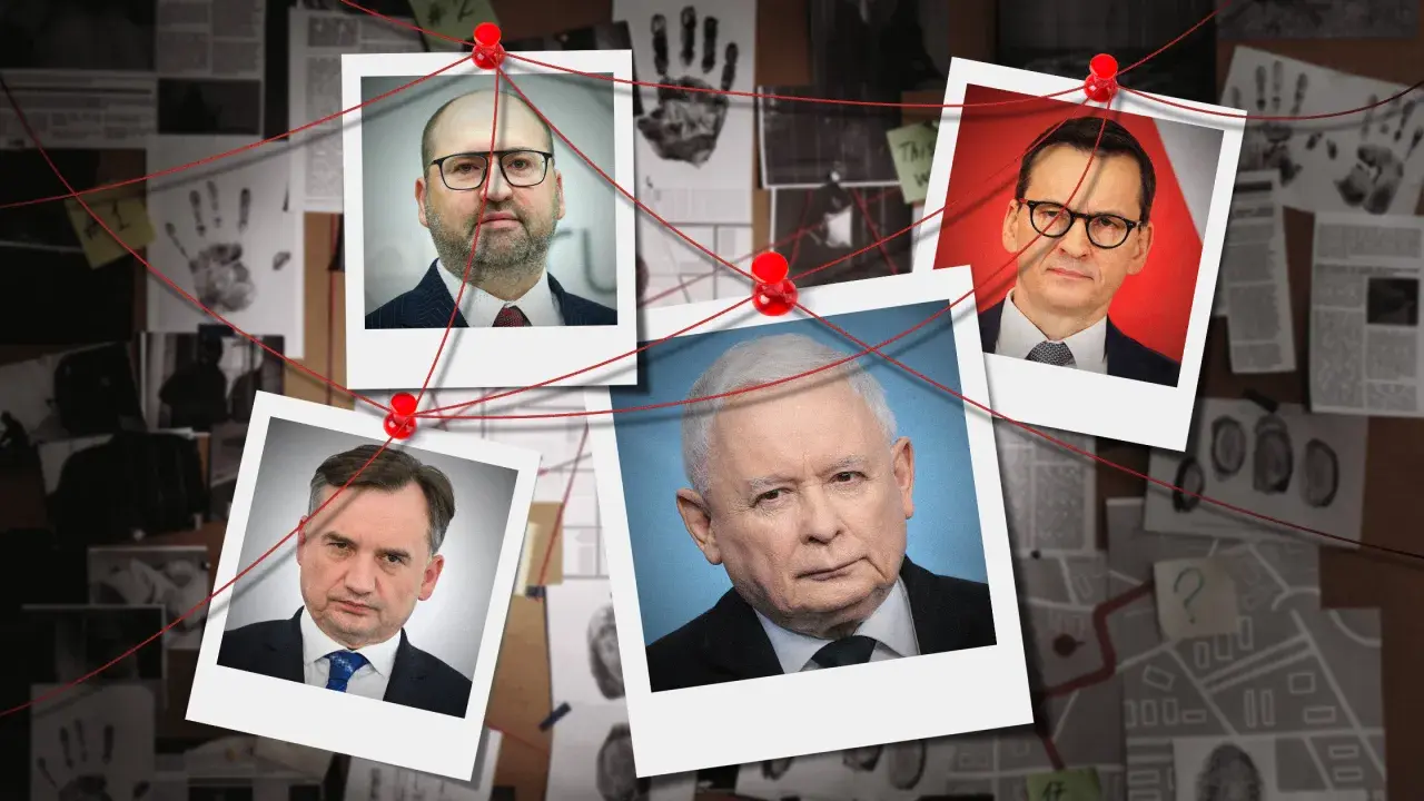 Śledztwo w sprawie: czy posłowie PiS będą musieli oddać pieniądze za prywatne loty służbowe? Na tablicy dowodowej zdjęcia polityków i tropy.