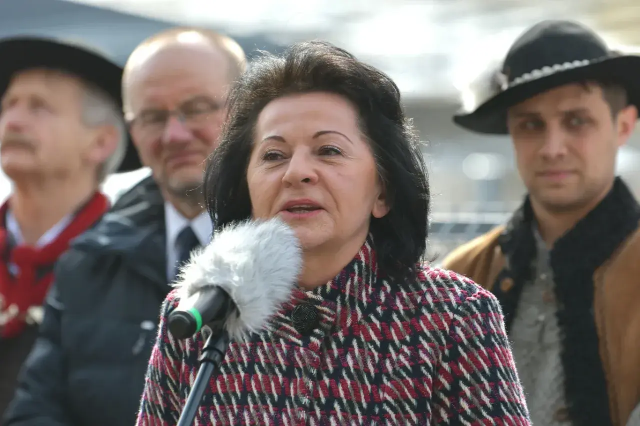 Kobieta przemawia do mikrofonu, w tle mężczyźni. Czy to ukryty majątek w nieruchomościach znanej posłanki Prawa i Sprawiedliwości?