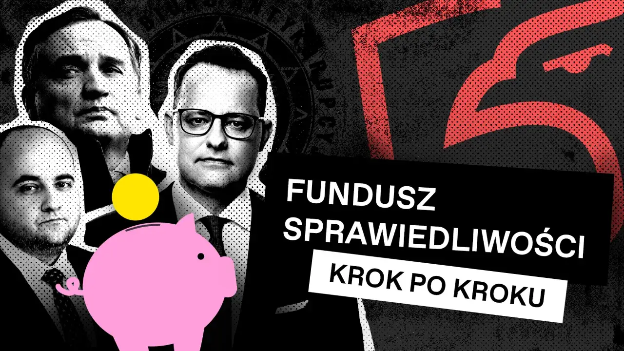 Portret mężczyzn z różową świnką-skarbonką. Napis