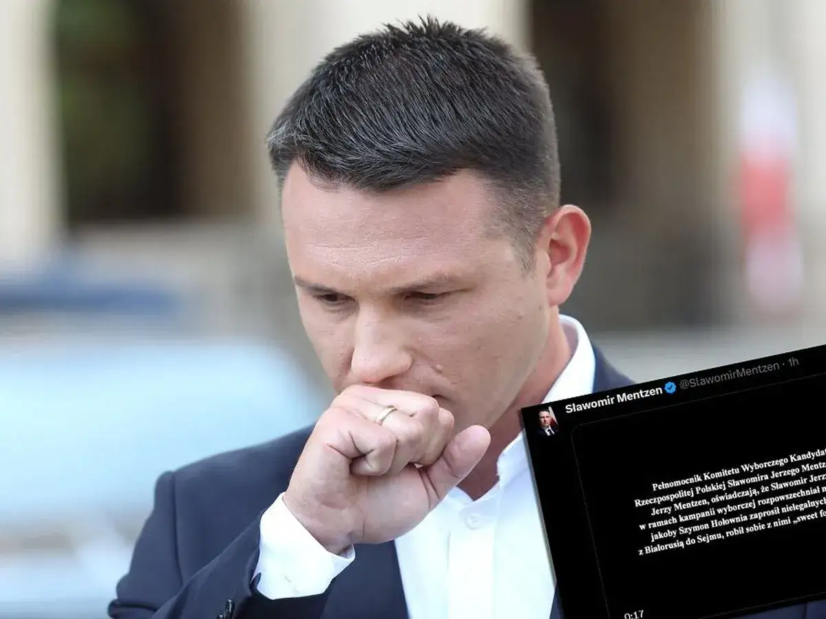 Sławomir Mentzen w zamyśleniu, obok jego tweet o sekretach kampanii prezydenckiej i planach na drugą turę.