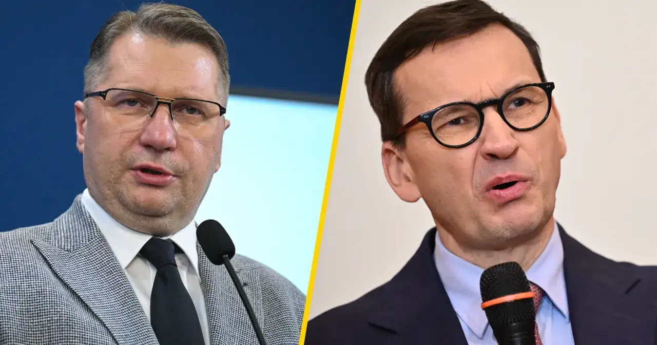 Dwaj politycy PiS, Mateusz Morawiecki i Mariusz Błaszczak, w tle dyskusji o sekretach frakcji 