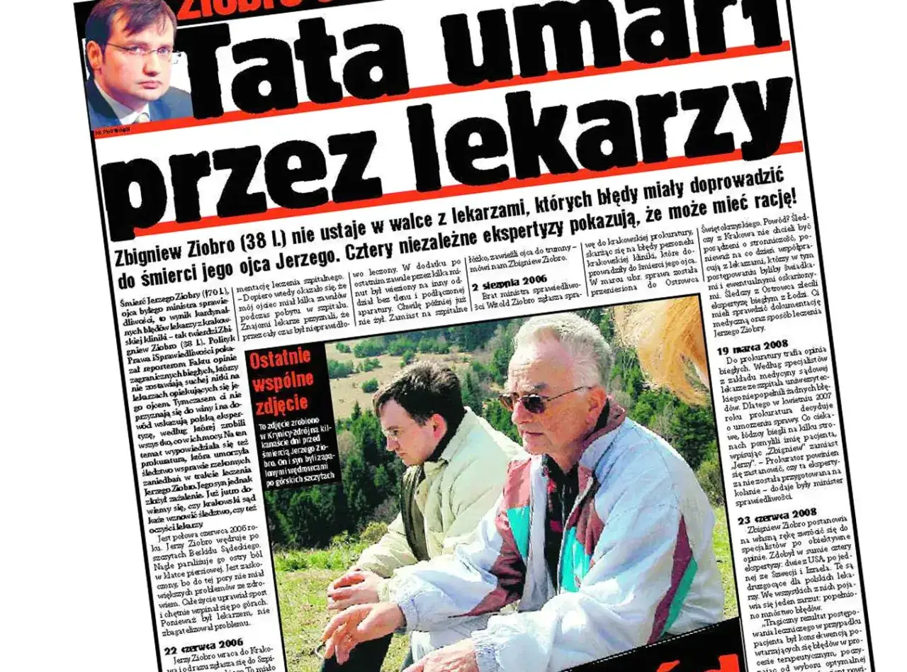 Jerzy Ziobro życiorys. Artykuł o śmierci ojca Zbigniewa Ziobro i błędach lekarskich. Na zdjęciu dwaj mężczyźni.