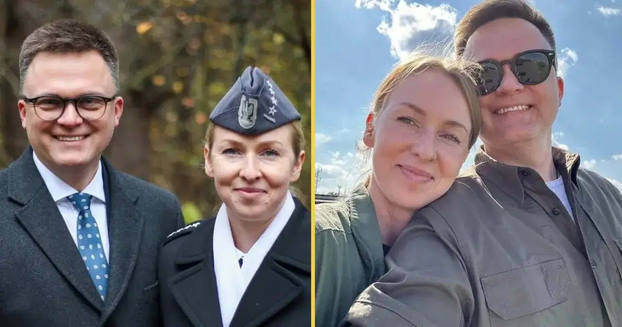 Szymon Hołownia z żoną. Ona w mundurze wojskowym, on w garniturze. Na drugim zdjęciu para w luźnych strojach, na tle nieba.
