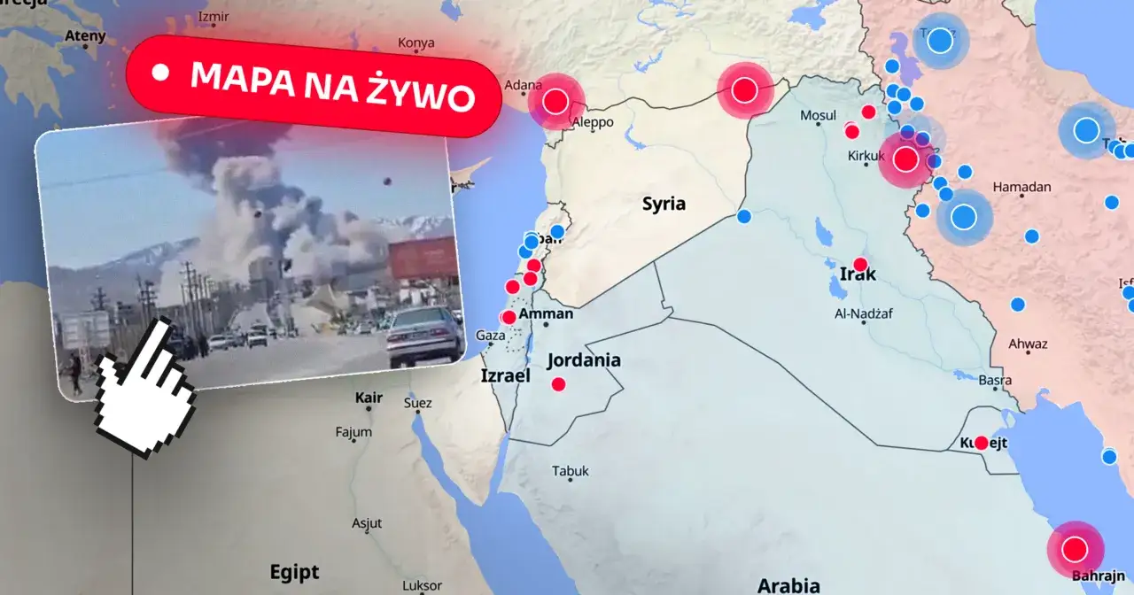 Mapa Bliskiego Wschodu z zaznaczonymi punktami aktywności wojskowej. W tle zdjęcie eksplozji, sugerujące, dlaczego Andrzej Zapałowski twierdzi, że ataki na Iran to próba zmiany władzy.