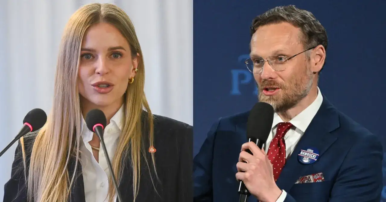 Kobieta z mikrofonami i mężczyzna z przypinką 