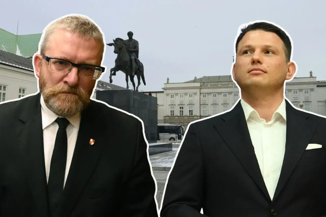 Grzegorz Braun i Sławomir Mentzen na tle Pałacu Prezydenckiego. Czy to prawda o rzekomym konflikcie Grzegorza Brauna z kierownictwem Rady Liderów?