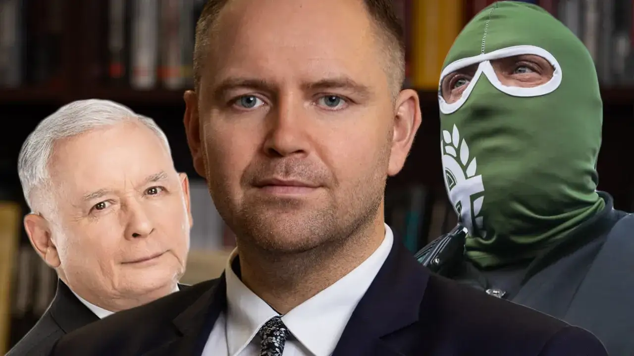 Jarosław Kaczyński i mężczyzna w zielonej kominiarce, zastanawiający się, dlaczego Zbigniew Bogucki nie dostał poparcia prezydenta Karola Nawrockiego.