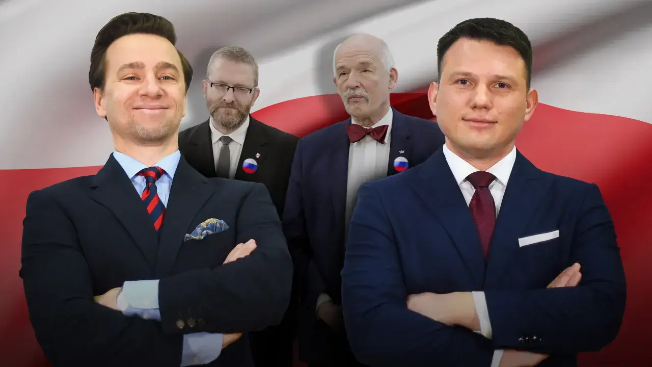 Czterech mężczyzn w garniturach, symbolizujących prawdziwą historię współpracy Konfederacji z europejskimi partiami eurosceptycznymi.