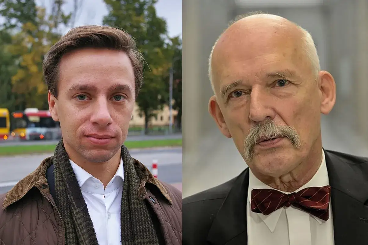 Dwaj politycy, Sławomir Mentzen i Janusz Korwin-Mikke, na zdjęciu. Fani Konfederacji spekulują o powrocie Korwin-Mikkego do partii.