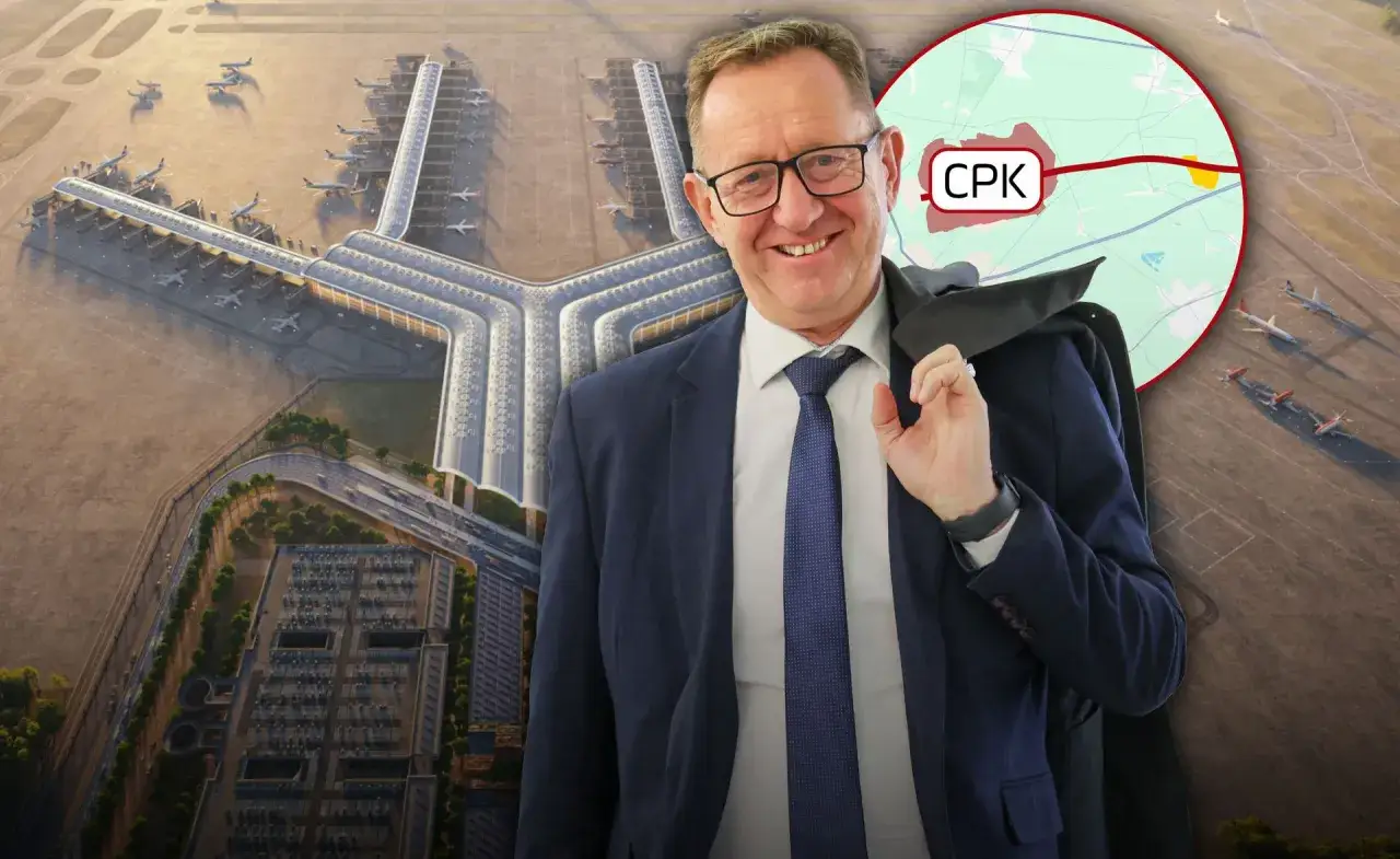 Uśmiechnięty mężczyzna w garniturze na tle wizualizacji lotniska CPK. W tle mapa z zaznaczonym terenem, sugerująca kulisy afery z działką pod budowę CPK.