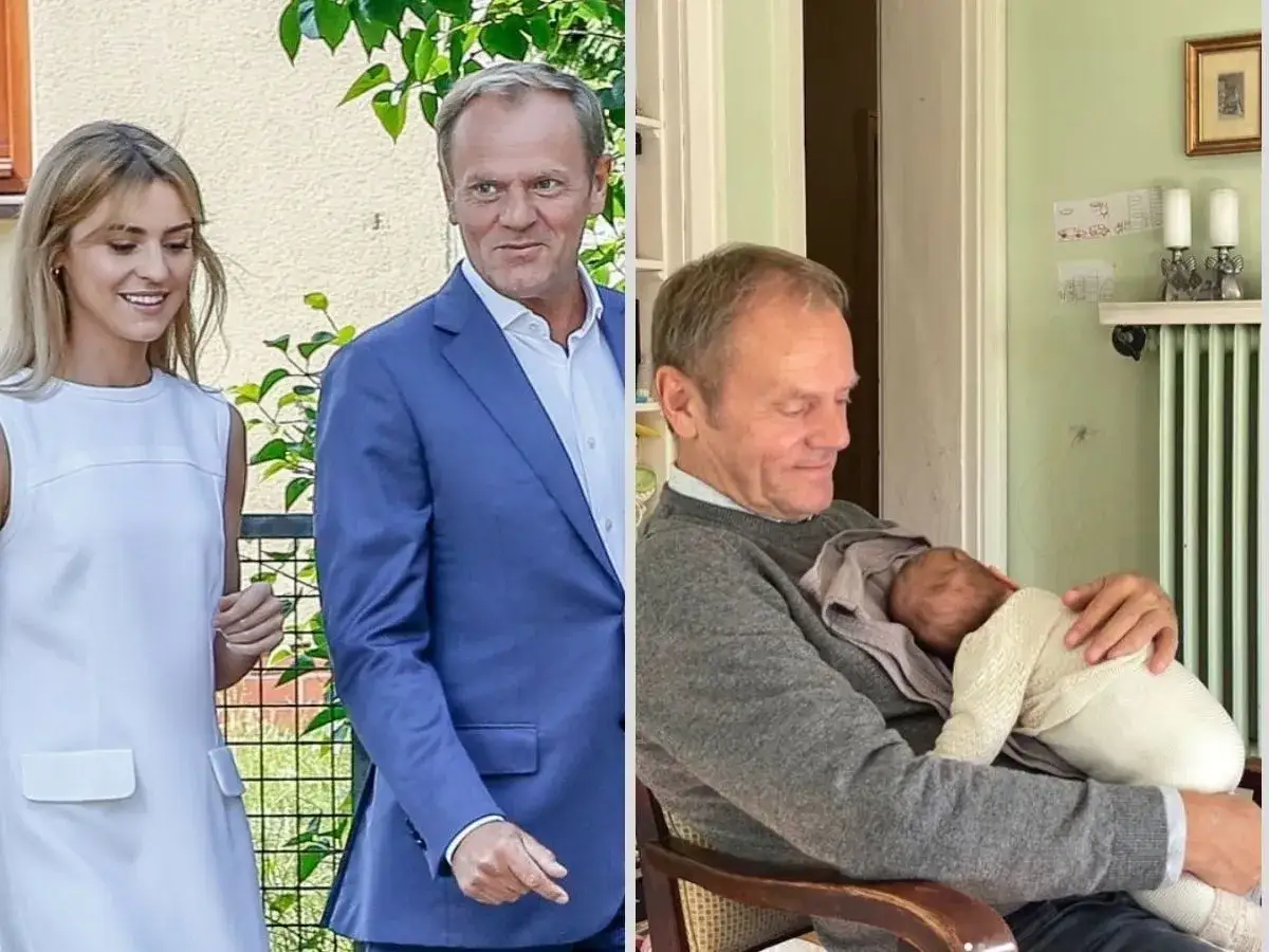 Donald Tusk z córką i wnukiem. Polityk czule tuli noworodka, a obok stoi jego uśmiechnięta córka.