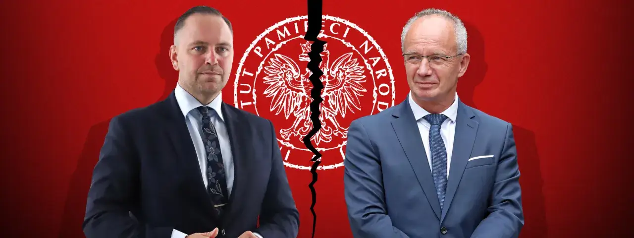 Dwaj mężczyźni w garniturach na tle godła Polski. Czy to powód, dlaczego Zbigniew Bogucki nie dostał poparcia prezydenta Karola Nawrockiego?