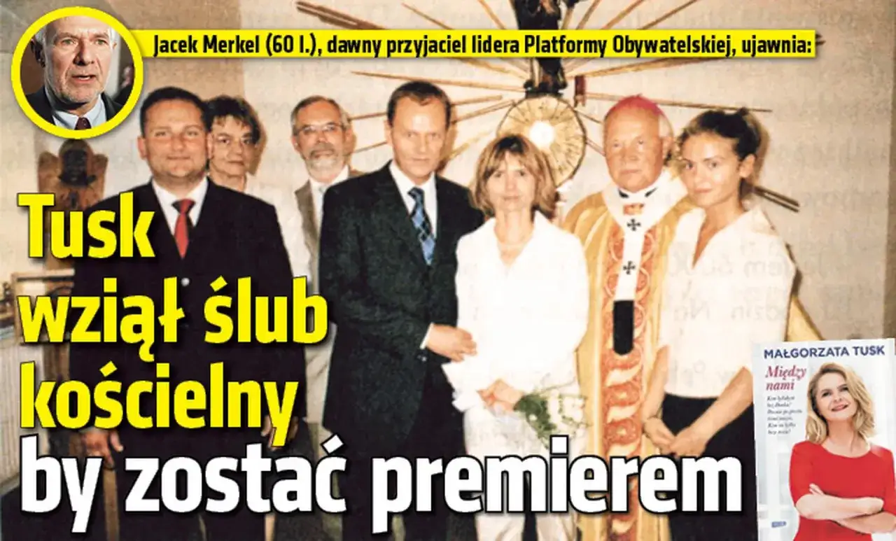 Jacek Merkel ujawnia: czy Donald Tusk ma żonę? Zdjęcie z ceremonii ślubnej, na której widać polityka i jego małżonkę.