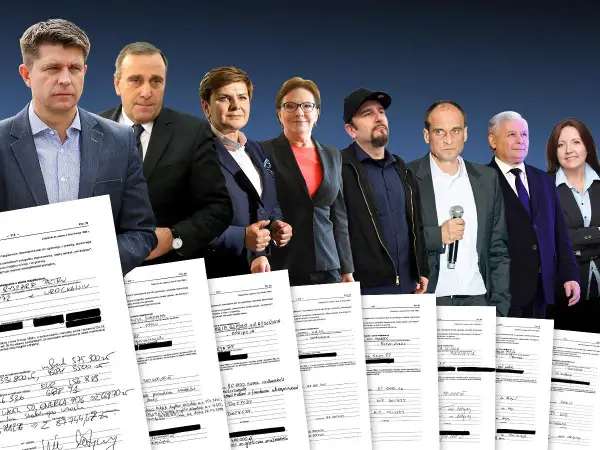 Grupa polityków na tle dokumentów finansowych.
